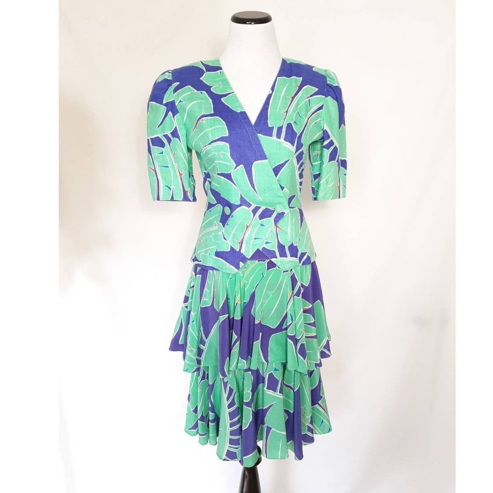 VTG Rickie Freeman Banana Leaf Print Two Piece Linen Jacket & Silk Skirt Set